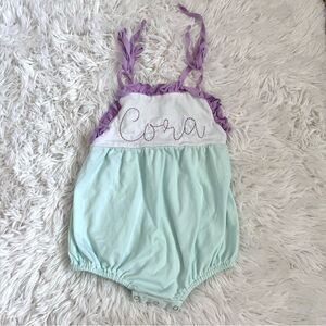 Cora personalized monogram bubble romper aqua blue & purple size 2